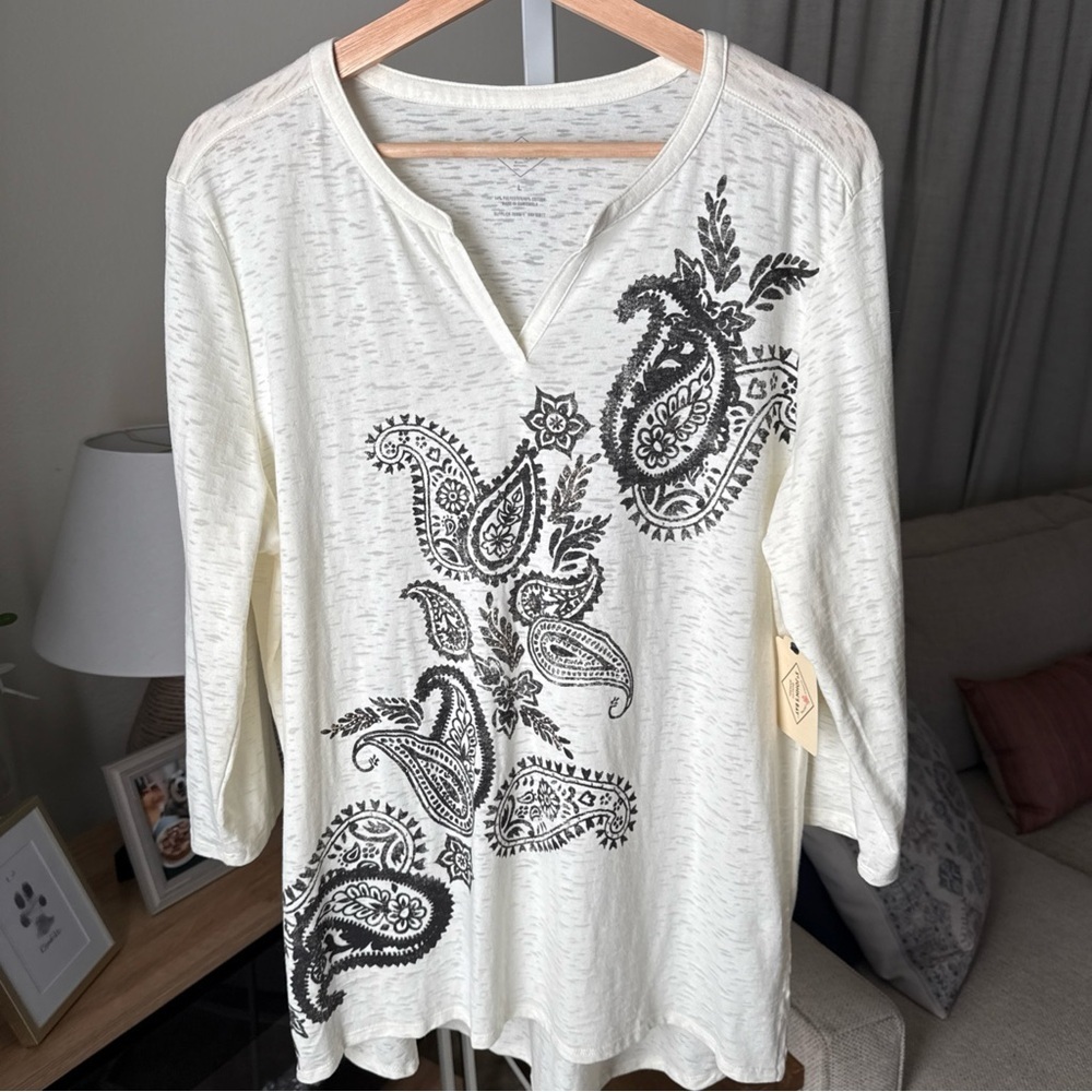 St. Johns Bay Women Blouse Size L Ivory Black Paisley Beaded 3/4 Sleeve NWT $30